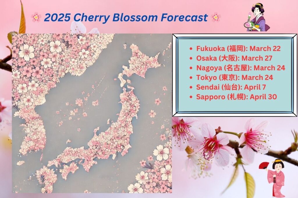 2025 Cherry Blossom Forecast – A visually appealing graphic featuring a map of Japan adorned with cherry blossom patterns, alongside key blooming dates for major cities. Dates include: Fukuoka (March 22), Osaka (March 27), Nagoya (March 24), Tokyo (March 24), Sendai (April 7), and Sapporo (April 30). Decorated with pink sakura flowers and traditional Japanese illustrations for a festive touch.