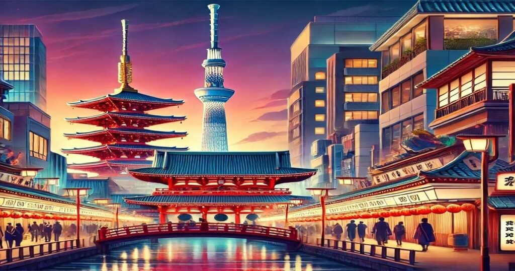 A vibrant illustration of Asakusa, Tokyo, featuring Senso-ji Temple, Tokyo Skytree, Nakamise Shopping Street, and traditional buildings at sunset. The scene blends modern and historic elements, showcasing the unique charm of Tokyo Asakusa Hotels.