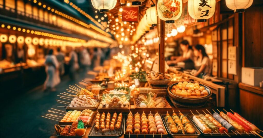 A bustling Tokyo street food market showcasing vibrant food stalls, sizzling Yakitori skewers, and colorful Taiyaki pastries, offering a glimpse into Japan's rich culinary culture.