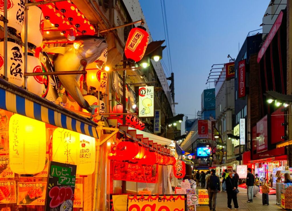 Located near Ueno Station, Ameyoko is a bustling street market known for its affordable and diverse street food options, from yakitori skewers to fresh seafood.