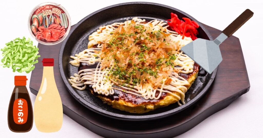 Okonomiyaki, a savory Japanese pancake topped with rich sauces, mayonnaise, and bonito flakes, served hot in Asakusa.