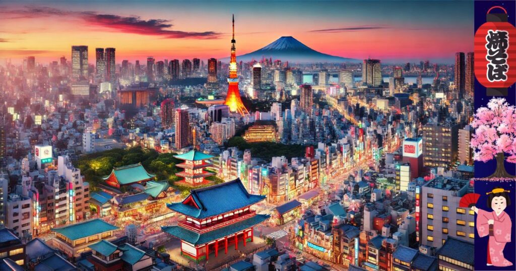 Panoramic view of Tokyo city skyline featuring iconic landmarks like Tokyo Tower, Senso-ji Temple, and Mount Fuji in the distance, surrounded by vibrant neighborhoods such as Shinjuku and Asakusa, under a bright, clear sky.