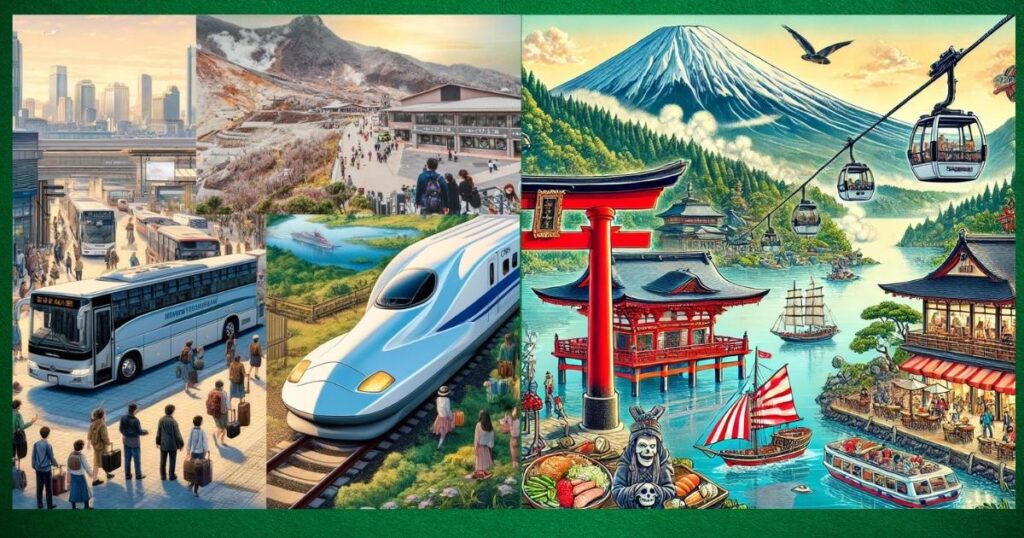 A vibrant and realistic illustration of a day trip from Tokyo to Hakone, featuring the Odakyu Romancecar train gliding through lush green countryside, a bus departing from Shinjuku Station, the iconic red torii gate of Hakone Shrine by Lake Ashi, the Hakone Ropeway over steaming Owakudani Valley, and Mount Fuji in the background. Travelers are enjoying local delicacies, the pirate ship on Lake Ashi, and the serene natural beauty of Hakone.