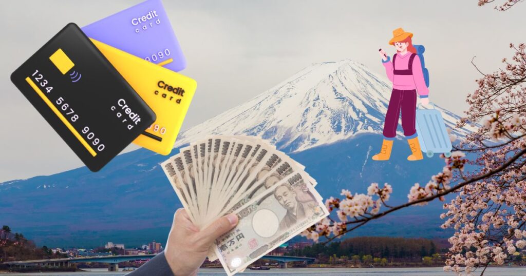 Traveler holding Japanese yen banknotes and credit cards with Mount Fuji and cherry blossoms in the background, symbolizing money access and travel in Japan.