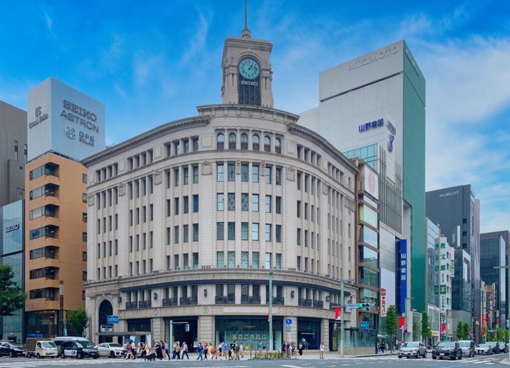 Elegant streetscape of Ginza with luxury boutiques, iconic buildings, and a bustling city ambiance