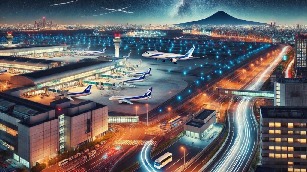 Vibrant nighttime aerial view of Haneda Airport, showcasing illuminated terminals, planes taking off and landing, glowing runway lights, and nearby modern hotels. Mt. Fuji is visible in the background under a starry sky, blending the energy of travel with Tokyo's serene beauty (Hotel Haneda).