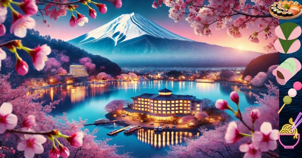 Panoramic view of Mt. Fuji at sunset with cherry blossoms framing the scene, a serene lake reflecting the mountain, and a luxury lakeside hotel glowing warmly, creating an inviting and tranquil atmosphere ( Hotels near MT Fuji).