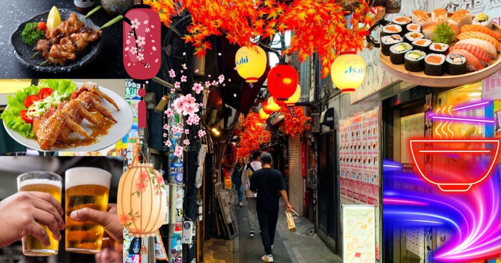 Hero image of Shinjuku Omoide Yokocho entrance, showcasing a narrow alley illuminated by red and yellow lanterns adorned with autumn leaves. The vibrant collage includes traditional Japanese foods like sushi, yakitori, and chicken wings, along with symbolic decorations such as cherry blossoms, a beer toast, and a neon ramen bowl, reflecting the lively and cultural essence of the area."