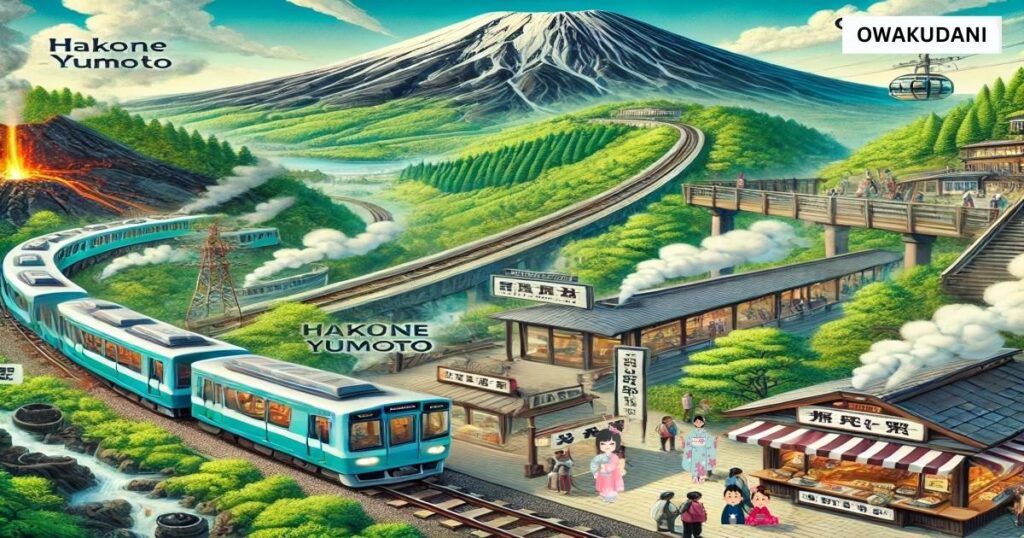 Illustration of the journey to Owakudani from Hakone-Yumoto Station featuring the Hakone Tozan Train navigating lush green mountains, Hakone Cable Car and Ropeway ascending scenic slopes, and steaming volcanic vents in the valley. Visitors enjoy attractions like local food stalls and breathtaking views of Mount Fuji in the background