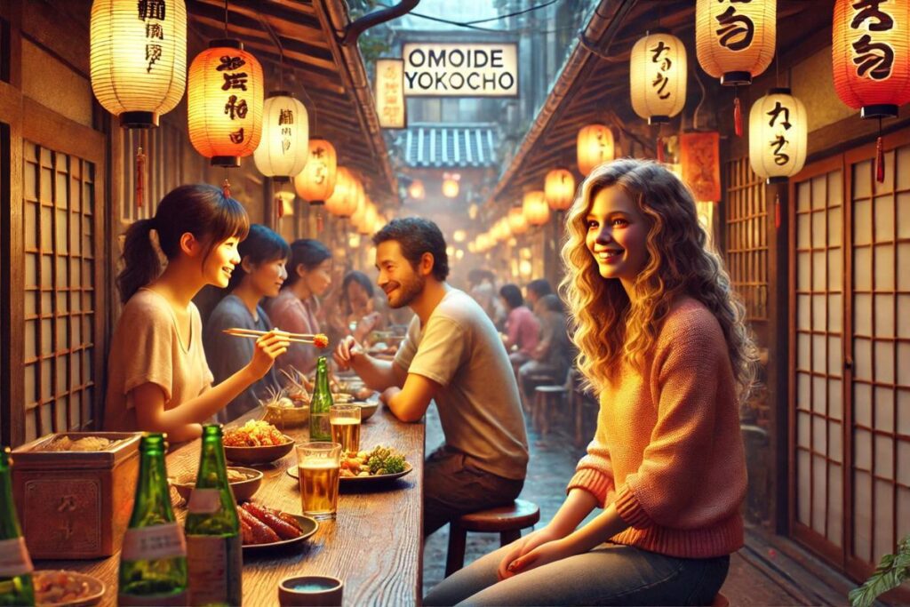 Sarah, a cheerful tourist, bonding with locals over delicious yakitori and drinks at Omoide Yokocho's vibrant alley.