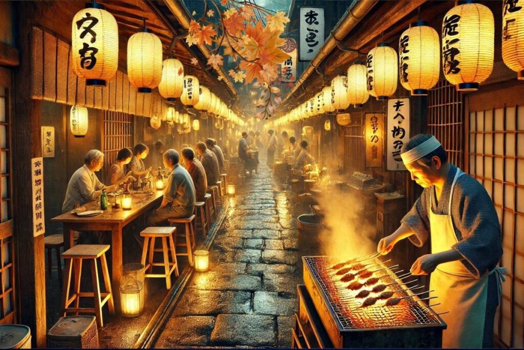 A vibrant evening scene at Shinjuku's Omoide Yokocho, Tokyo, featuring a narrow, lantern-lit alley bustling with people enjoying food at cozy, traditional izakayas. In the foreground, a chef grills skewers over a smoking flame, creating a warm and inviting atmosphere filled with the essence of Japanese street food culture