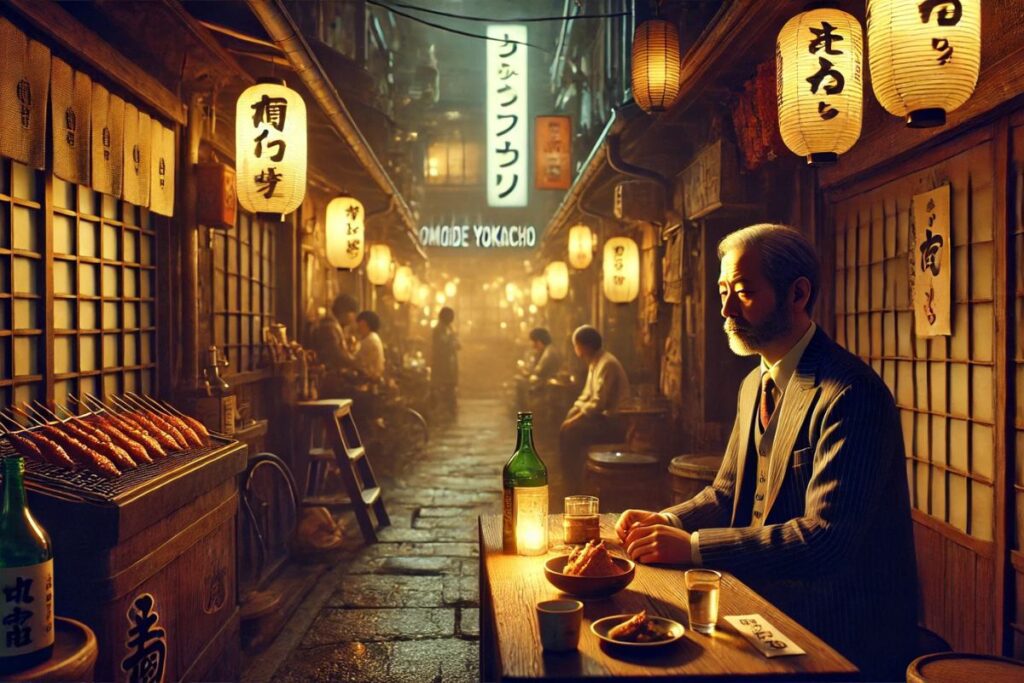 Taro, a Tokyo salaryman, enjoying a quiet meal at Omoide Yokocho, surrounded by warm lanterns and the nostalgic ambiance of Memory Lane.