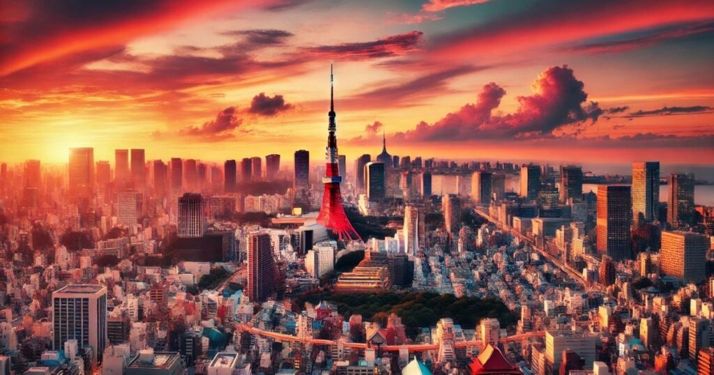 A breathtaking view of Tokyo at sunset, featuring the iconic Tokyo Tower surrounded by skyscrapers, with a vibrant orange and red sky in the background, symbolizing the city's blend of tradition and modernity (Tokyo Travel Guide).