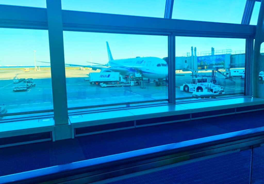 View of an ANA aircraft at a Tokyo airport gate, seen through large glass windows on a sunny day