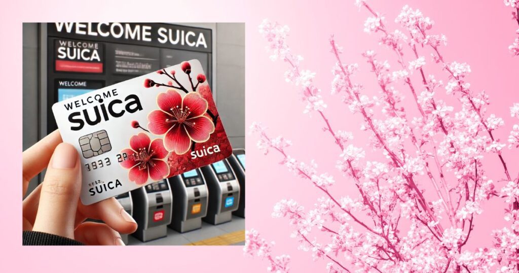 A Welcome Suica card with cherry blossom motifs, ideal for trains, buses, and shopping in Japan, displayed in front of a ticket vending machine.