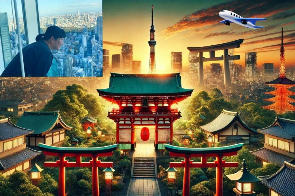 A vibrant collage showcasing Tokyo's blend of traditional and modern culture, featuring a woman admiring the cityscape, the Tokyo Skytree, a historic temple with red torii gates, and an airplane symbolizing travel