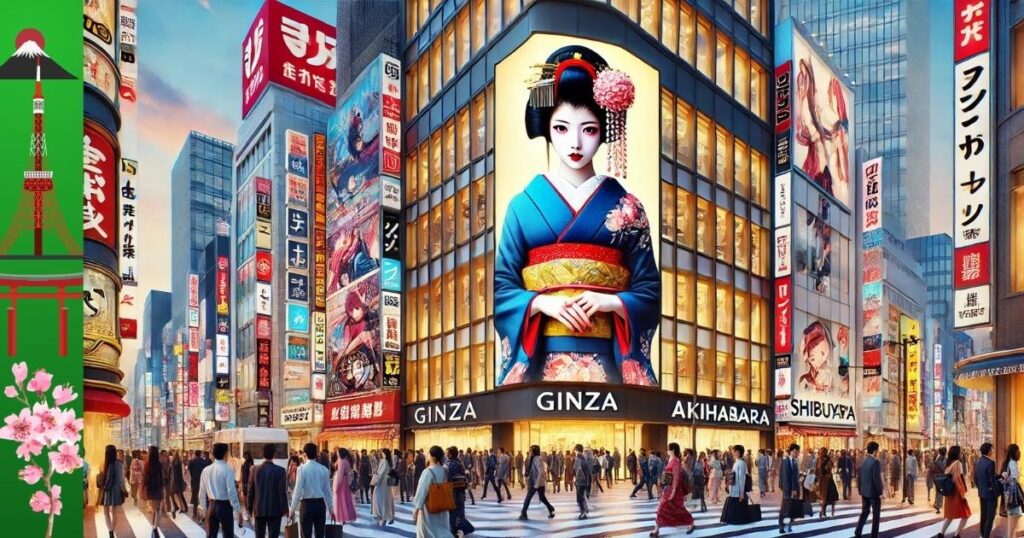 A vibrant cityscape of Tokyo's shopping districts, featuring a large digital screen displaying a Geisha in a traditional kimono. The bustling streets are lined with neon signs, luxury boutiques, anime stores, and fashion-forward pedestrians, showcasing famous areas like Ginza, Akihabara, Shibuya, and Harajuku.